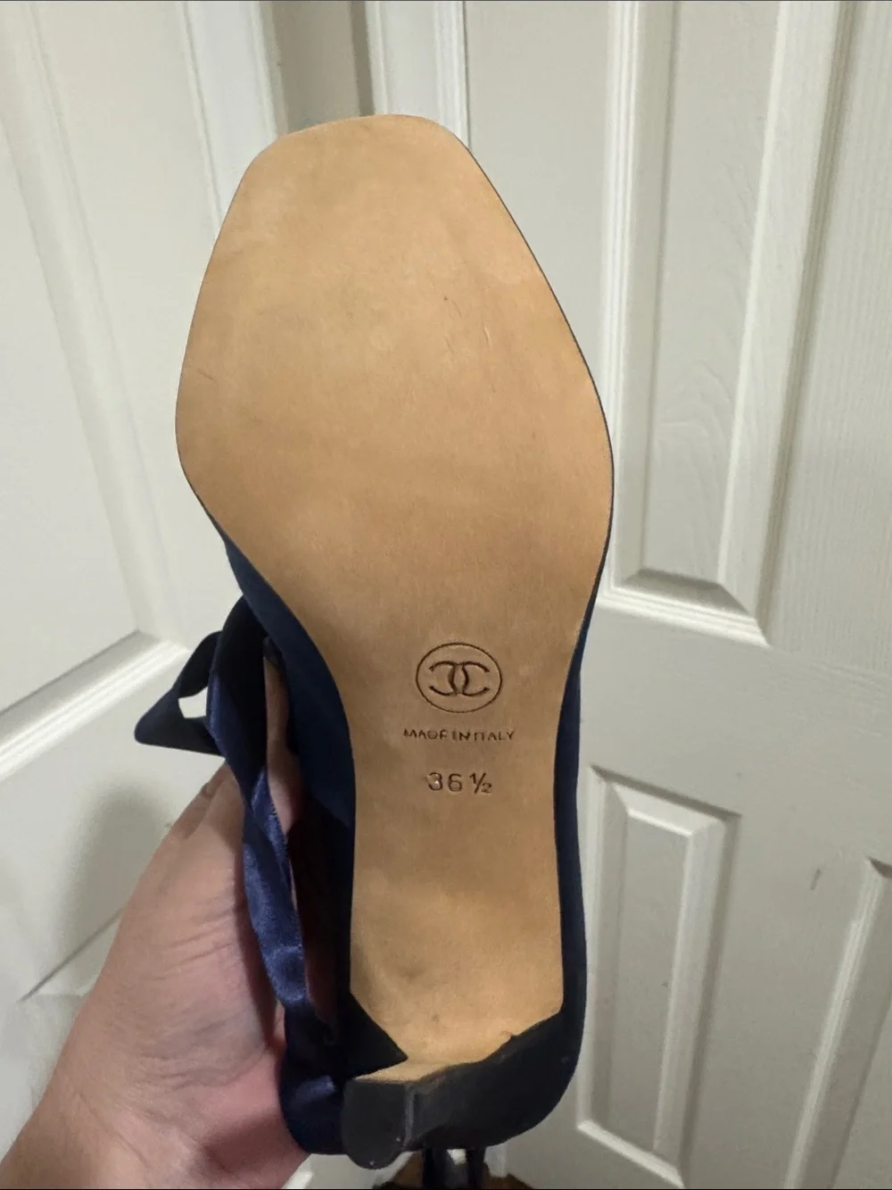 CHANEL/Navy Satin Ballet Tie Up The Ankle/4” Heels/NEVER WORN! VINTAGE! US 6.5!